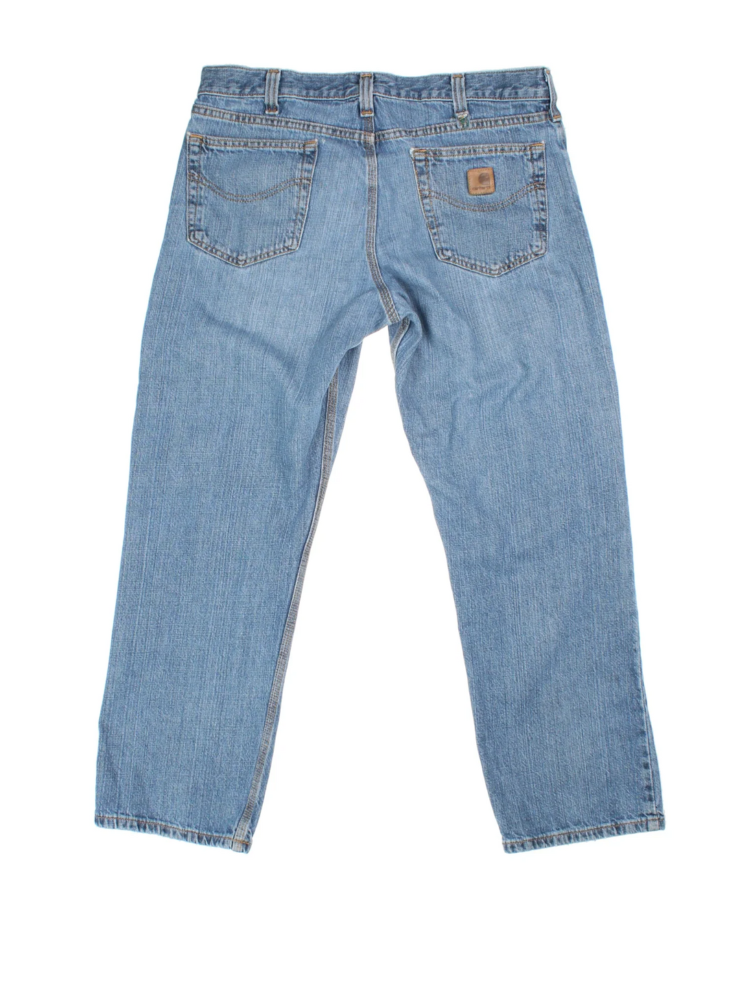 Carhartt Jeans in a blue colourway with multiple pockets and the logo embroidered on the back.