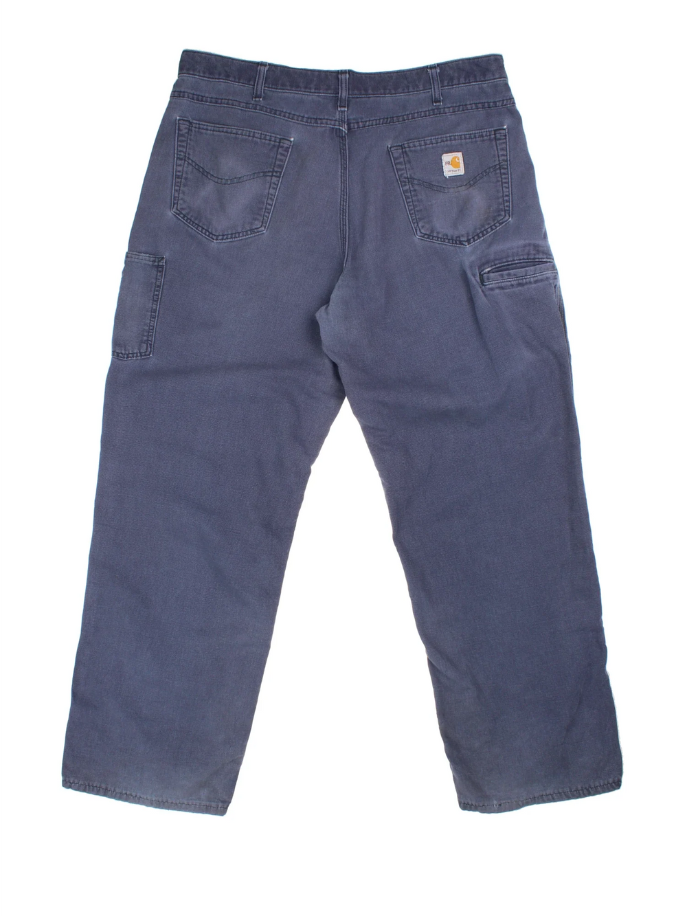 Carhartt Carpenter Trousers in a blue colourway with multiple pockets and the logo embroidered on the back.