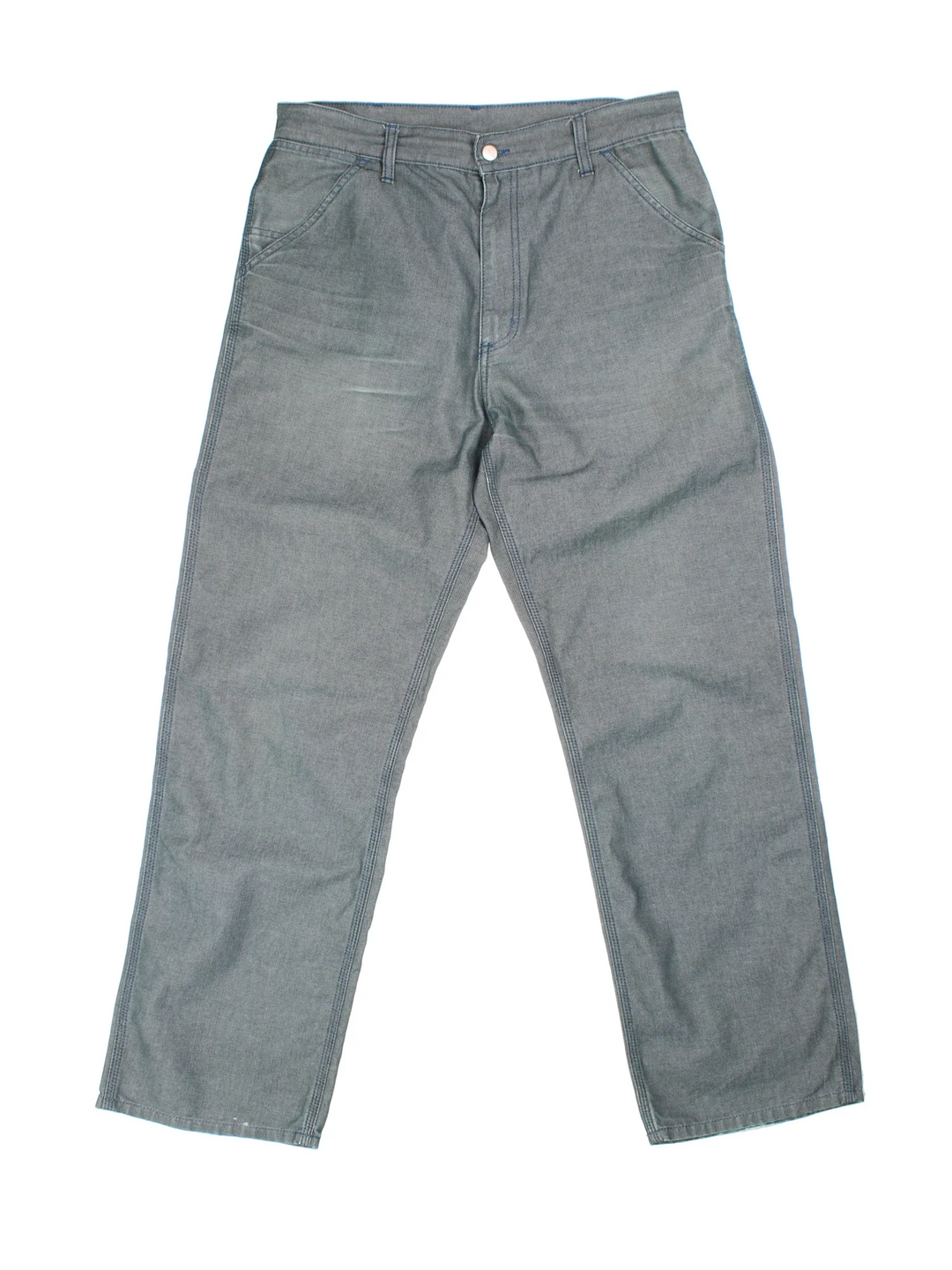 Carhartt Jeans in a blue colourway with multiple pockets and the logo embroidered on the back.