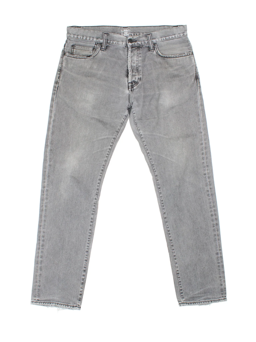 Carhartt Jeans in a grey colourway with multiple pockets and the logo embroidered on the back.