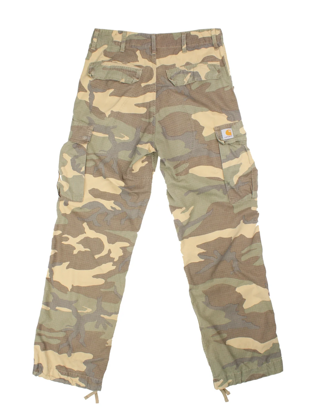 Carhartt Camo Cargo Trousers in a green colourway with multiple pockets and the logo embroidered on the back.