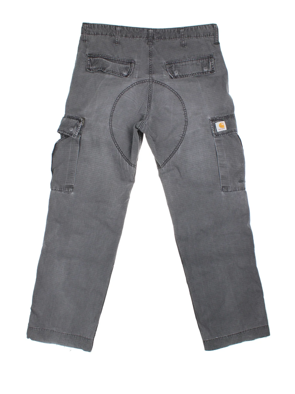 Carhartt Cargo Trousers in a grey colourway with multiple pockets and the logo embroidered on the back.