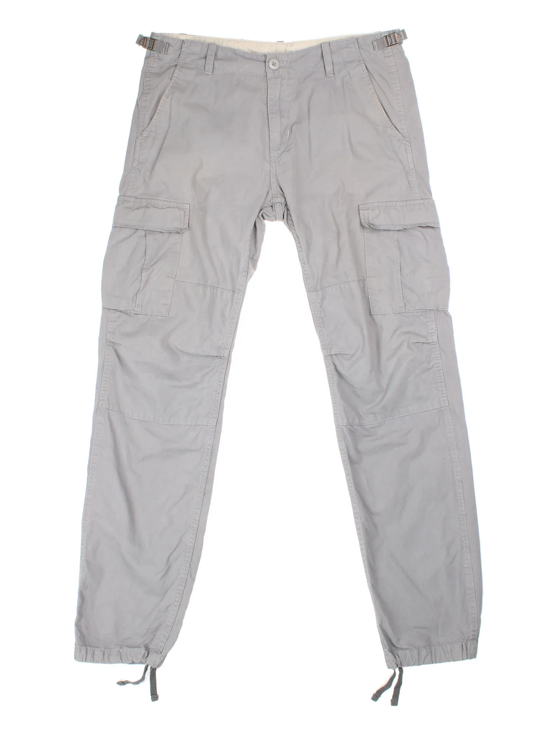 Carhartt Cargo Trousers in a grey colourway with multiple pockets and the logo embroidered on the back.