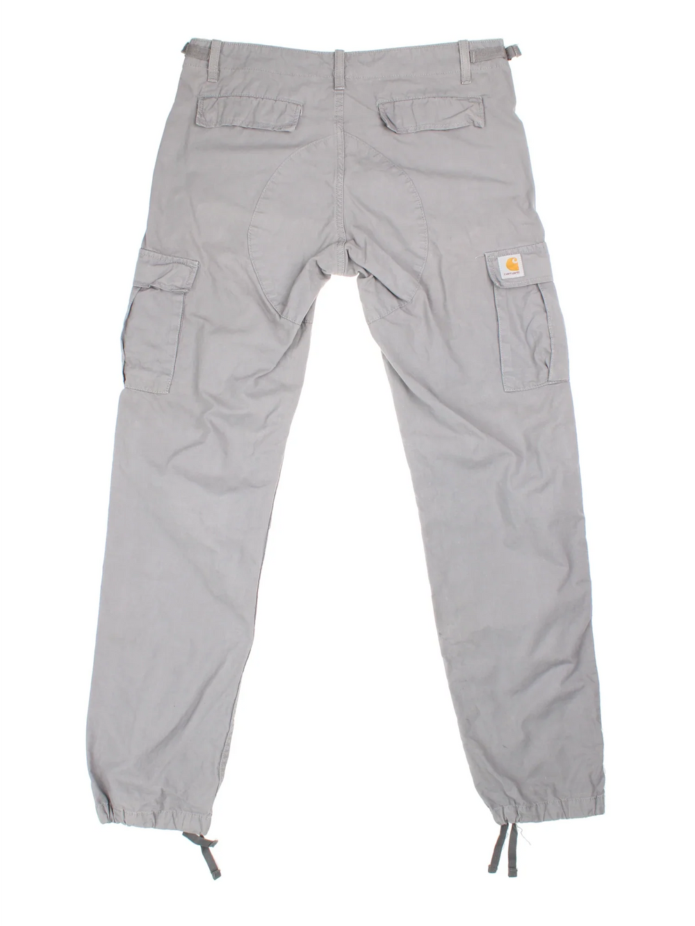 Carhartt Cargo Trousers in a grey colourway with multiple pockets and the logo embroidered on the back.