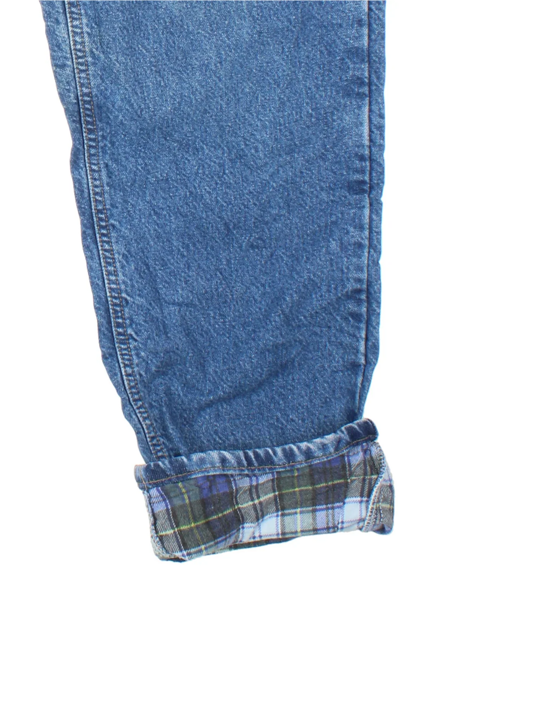 Carhartt Jeans in a blue colourway with multiple pockets, plaid pattern lining and the logo embroidered on the back.