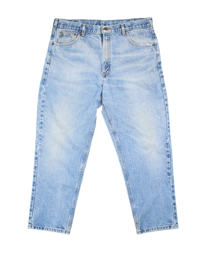 Carhartt Jeans in a blue colourway with multiple pockets and the logo embroidered on the back.