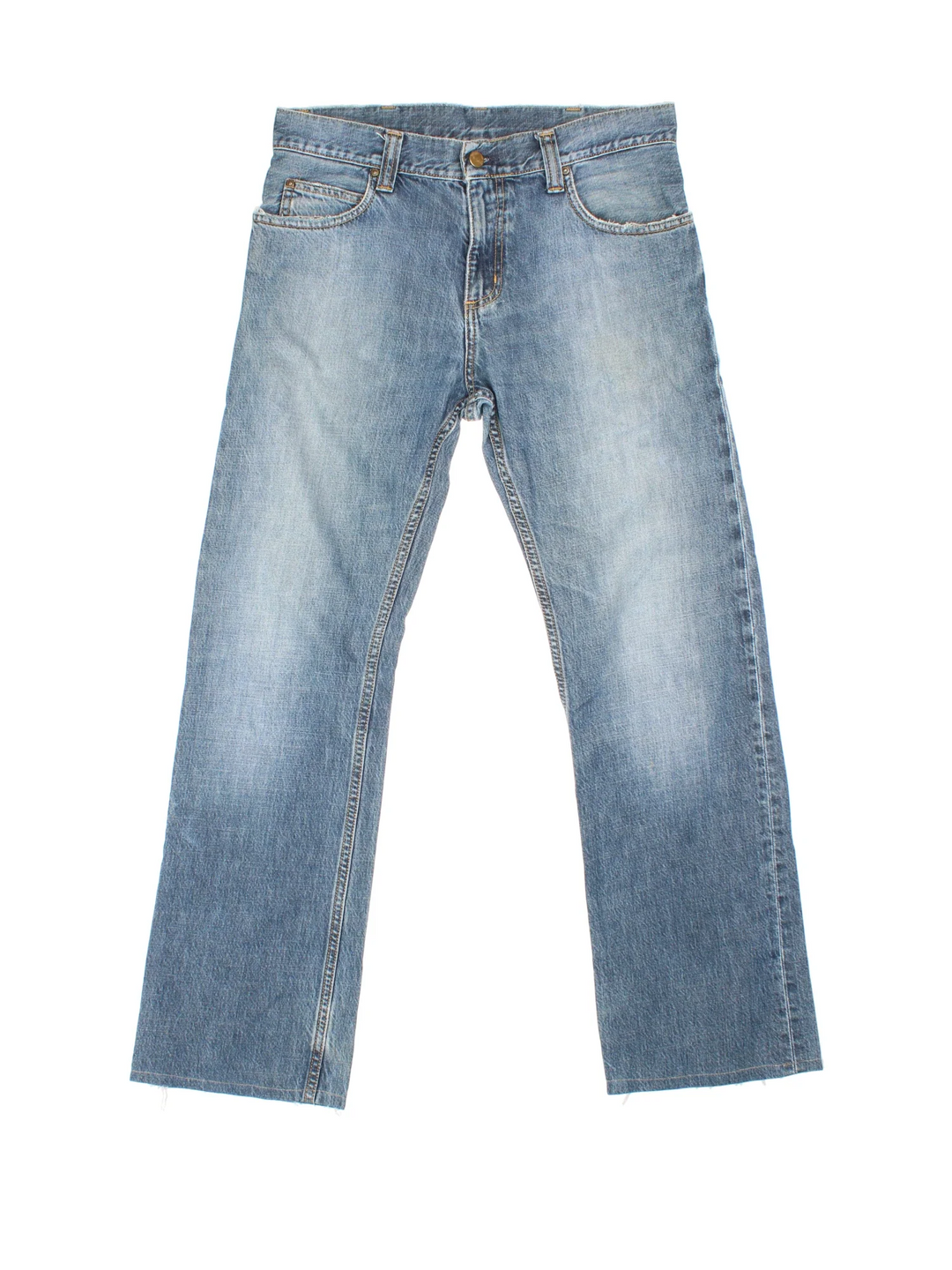 Carhartt Rockin Pant Jeans in a blue colourway with multiple pockets and the logo embroidered on the back.
