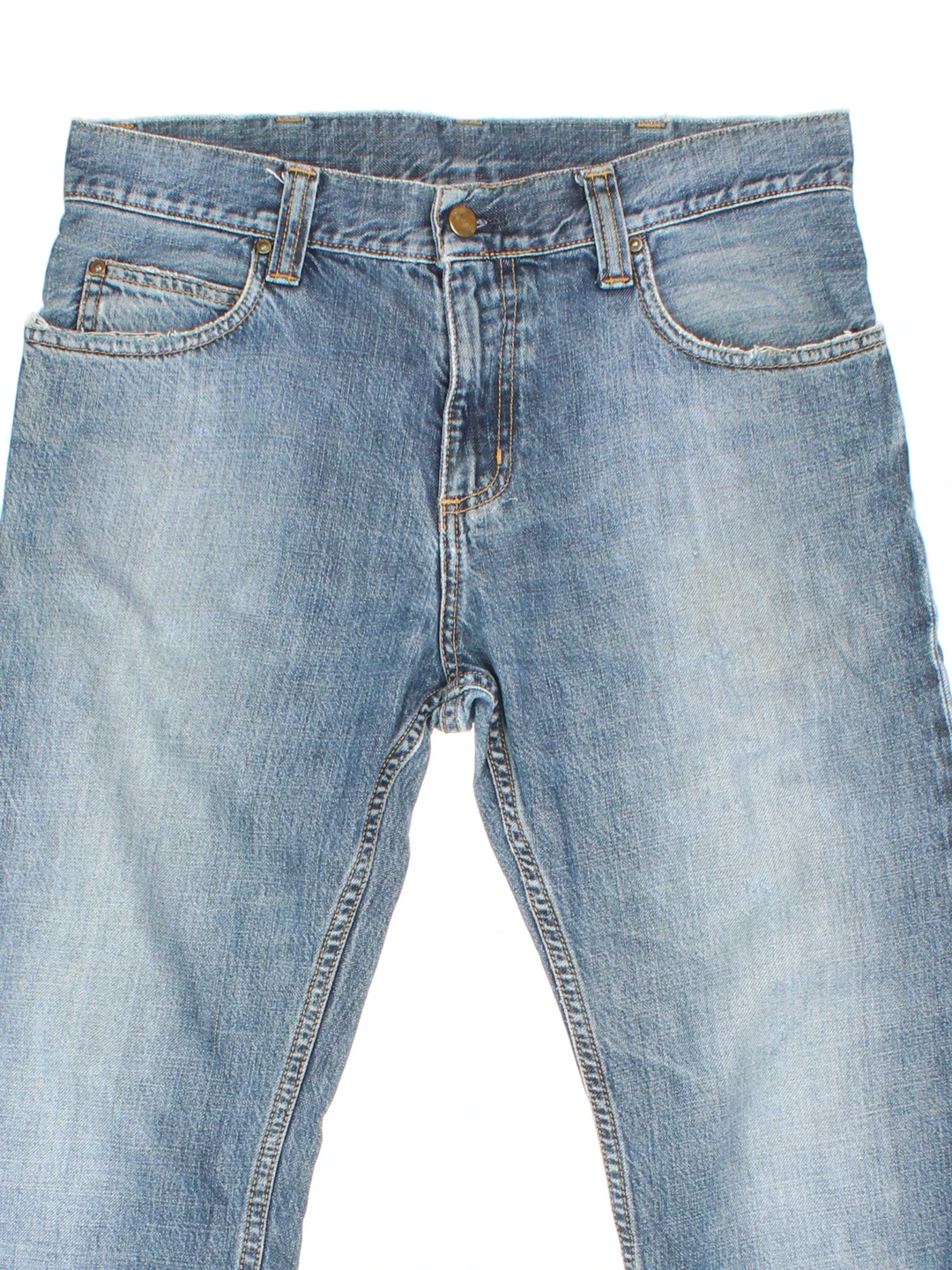 Carhartt Rockin Pant Jeans in a blue colourway with multiple pockets and the logo embroidered on the back.