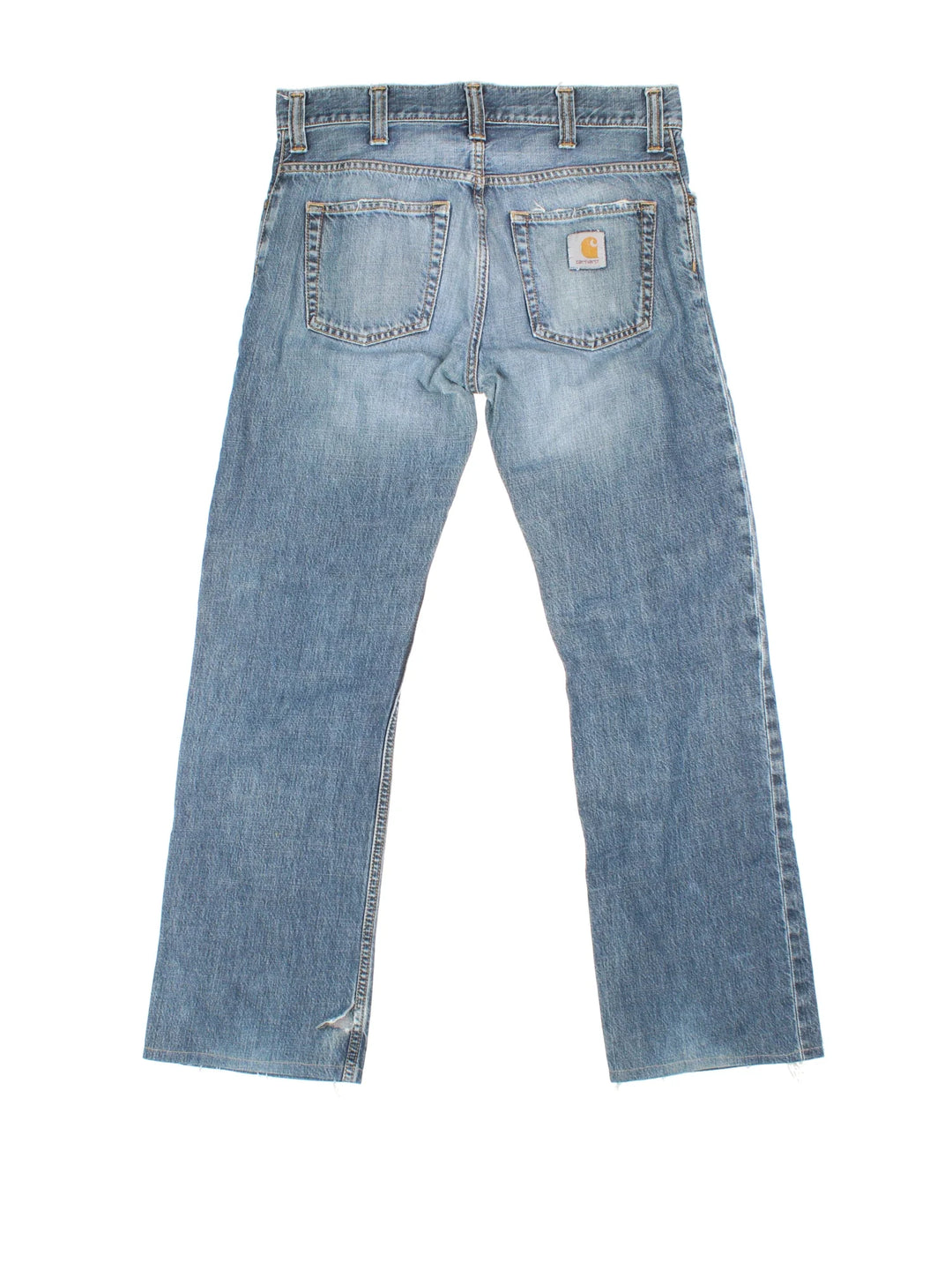 Carhartt Rockin Pant Jeans in a blue colourway with multiple pockets and the logo embroidered on the back.
