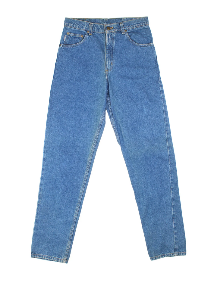 Carhartt Jeans in a blue colourway with multiple pockets and the logo embroidered on the back.