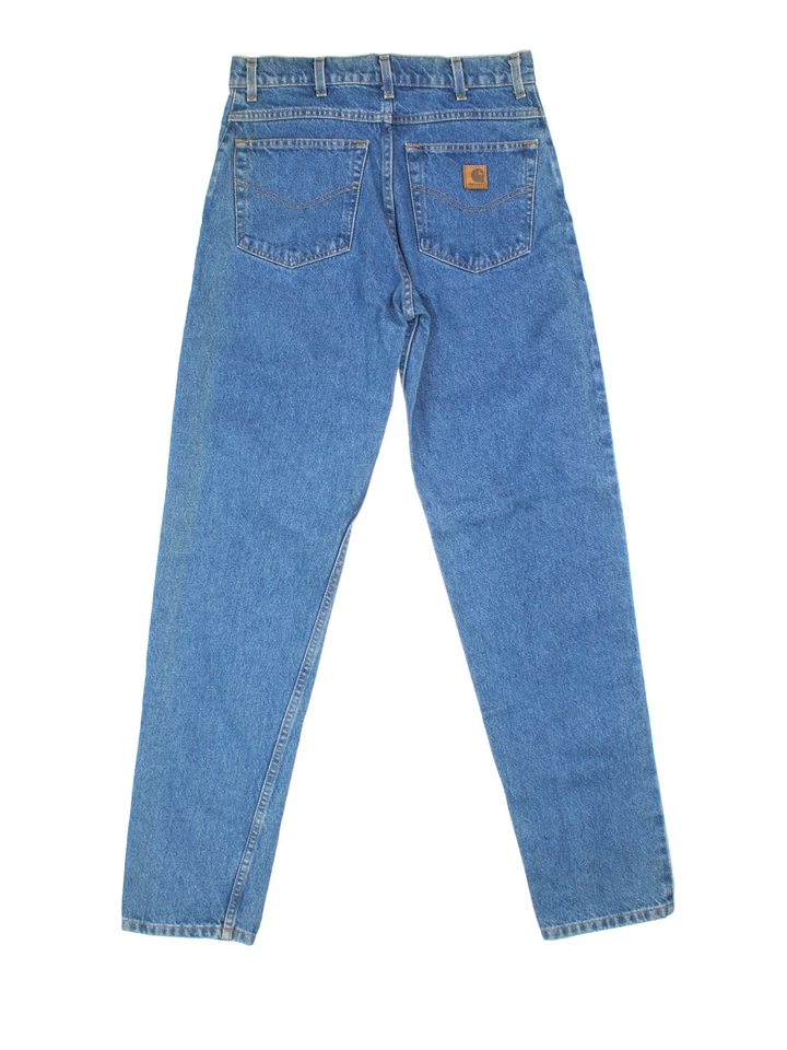Carhartt Jeans in a blue colourway with multiple pockets and the logo embroidered on the back.