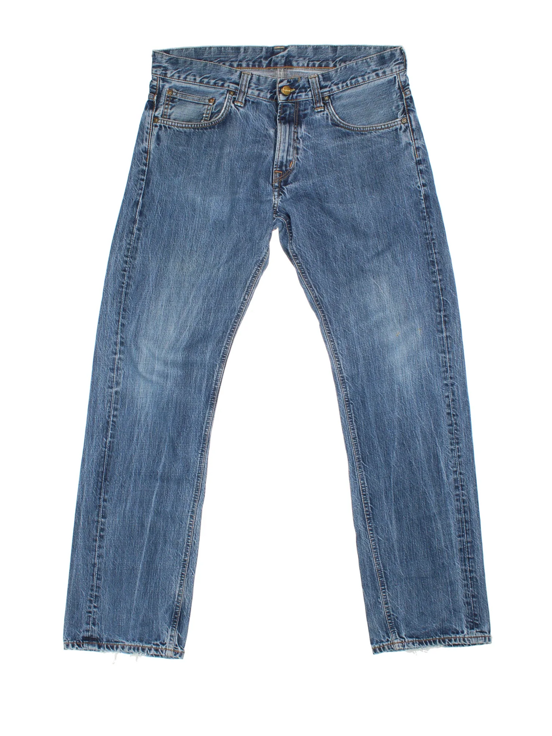 Carhartt Bronco Pant Jeans in a blue colourway with multiple pockets and the logo embroidered on the back.