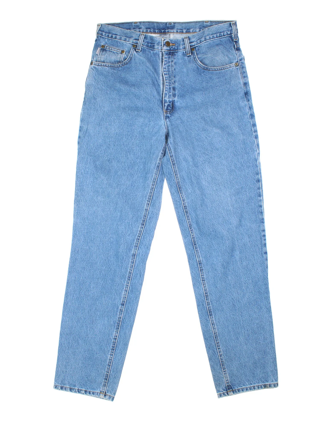 Carhartt Jeans in a blue colourway with multiple pockets and the logo embroidered on the back.