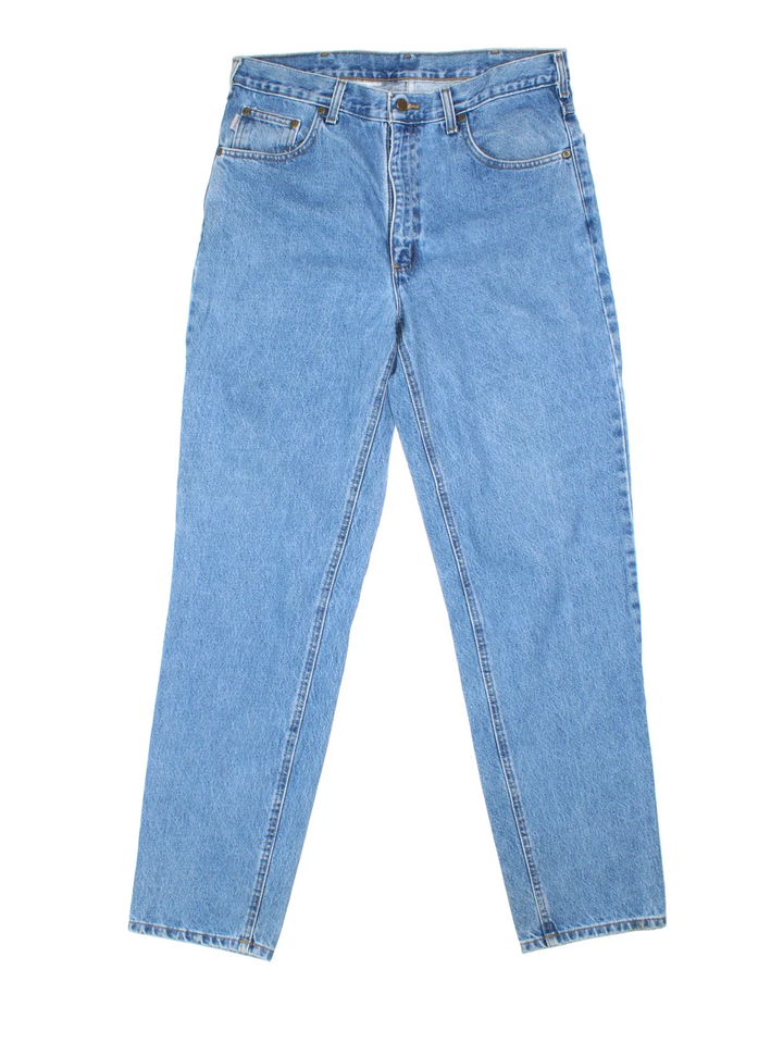 Carhartt Jeans in a blue colourway with multiple pockets and the logo embroidered on the back.