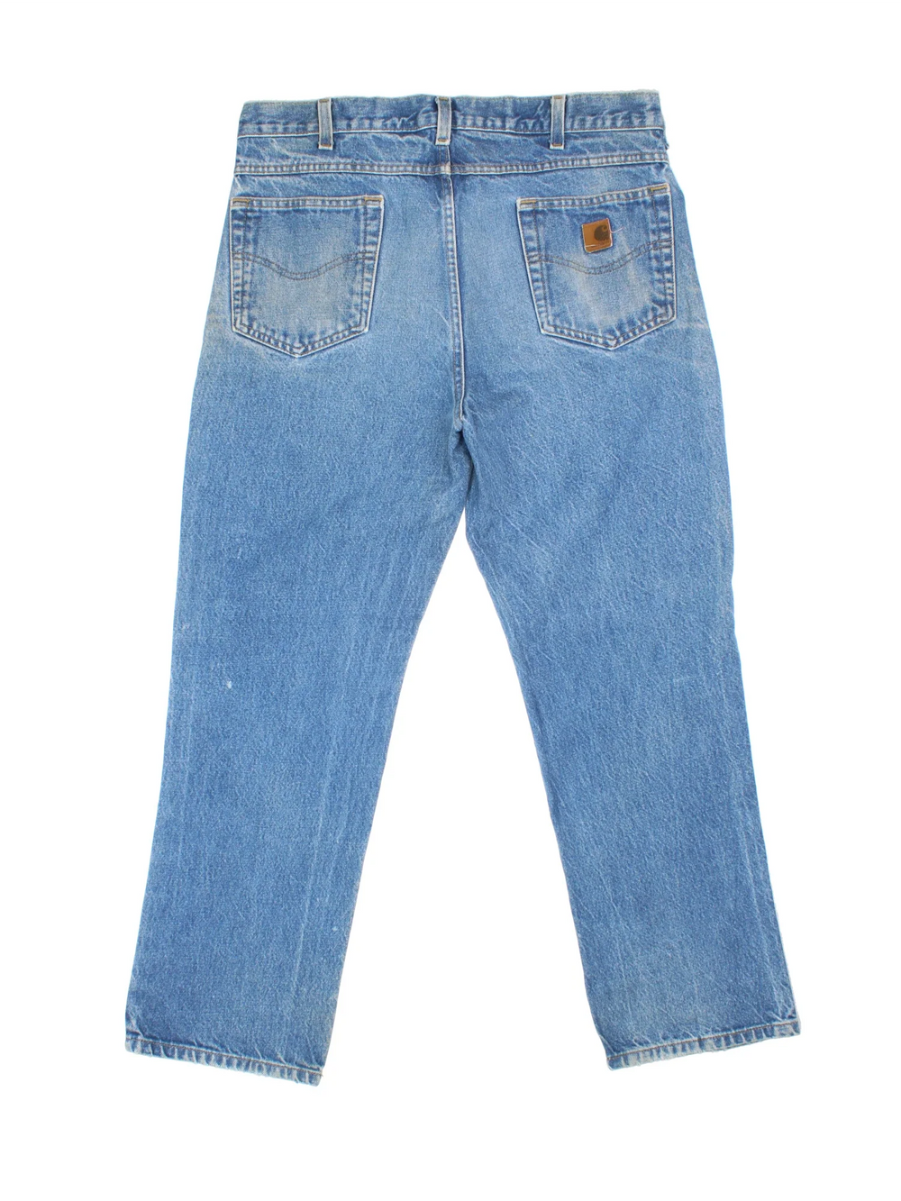 Carhartt Jeans in a blue colourway with multiple pockets and the logo embroidered on the back.