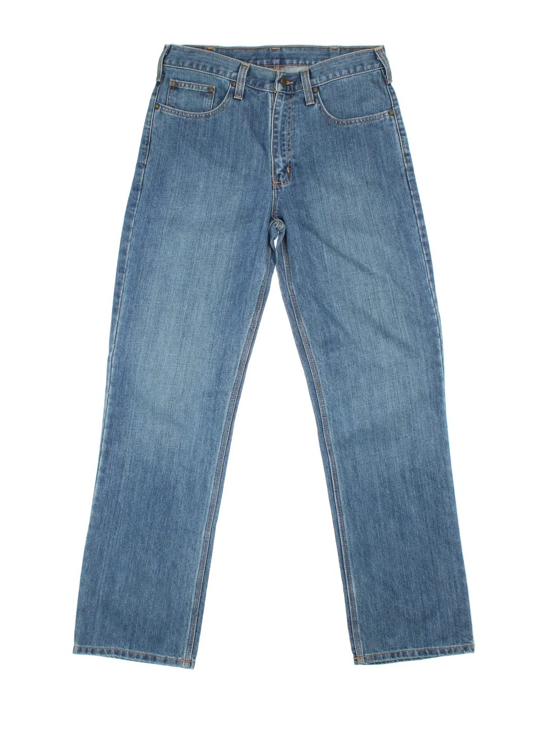 Carhartt Jeans in a blue colourway with multiple pockets and the logo embroidered on the back.