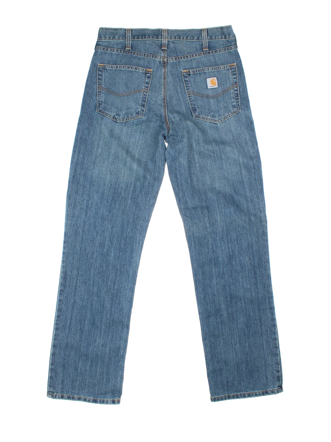 Carhartt Jeans in a blue colourway with multiple pockets and the logo embroidered on the back.