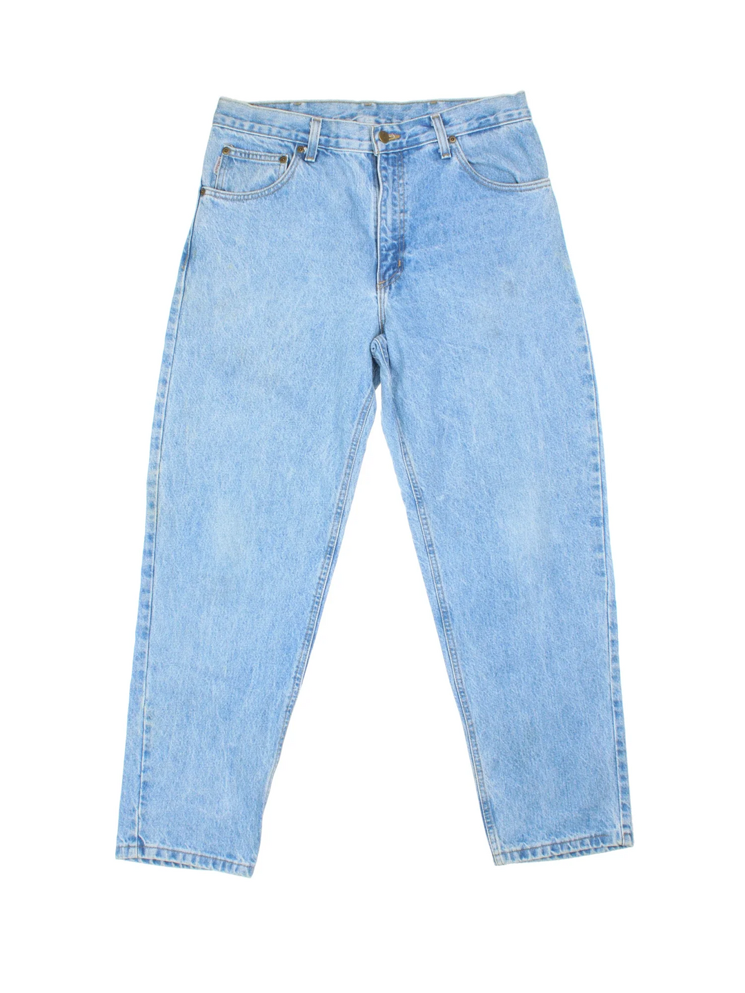 Carhartt Jeans in a blue colourway with multiple pockets and the logo embroidered on the back.