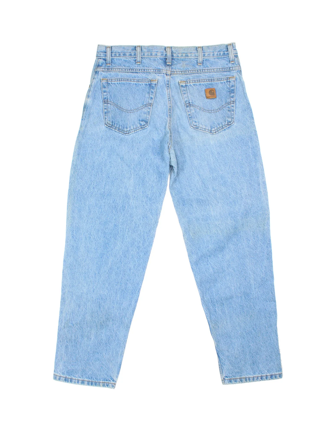 Carhartt Jeans in a blue colourway with multiple pockets and the logo embroidered on the back.