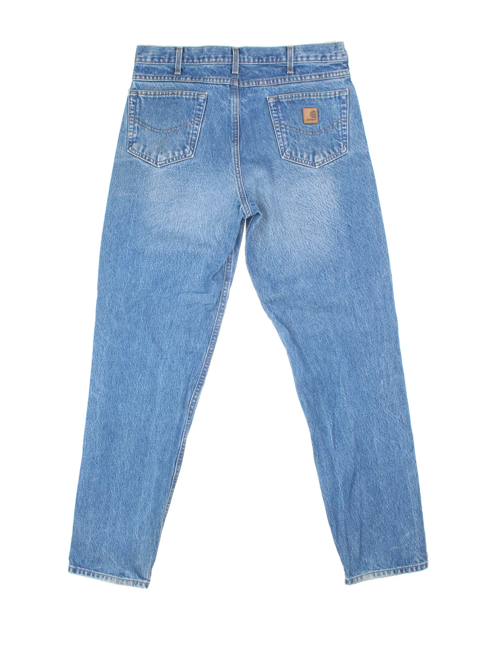 Carhartt Jeans in a blue colourway with multiple pockets and the logo embroidered on the back.