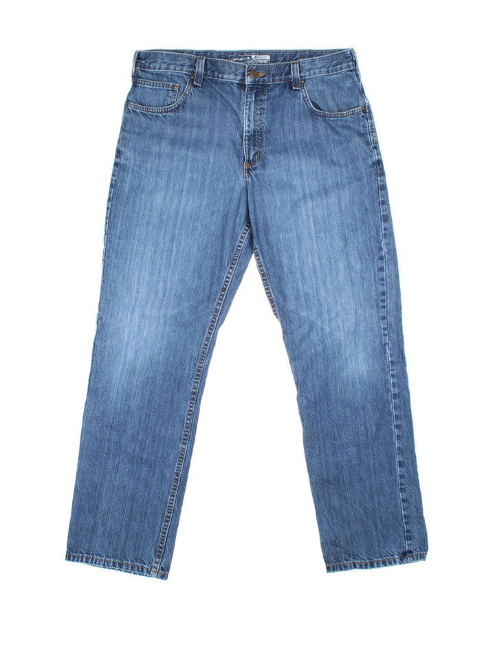 Carhartt Jeans in a blue colourway with multiple pockets and the logo embroidered on the back.