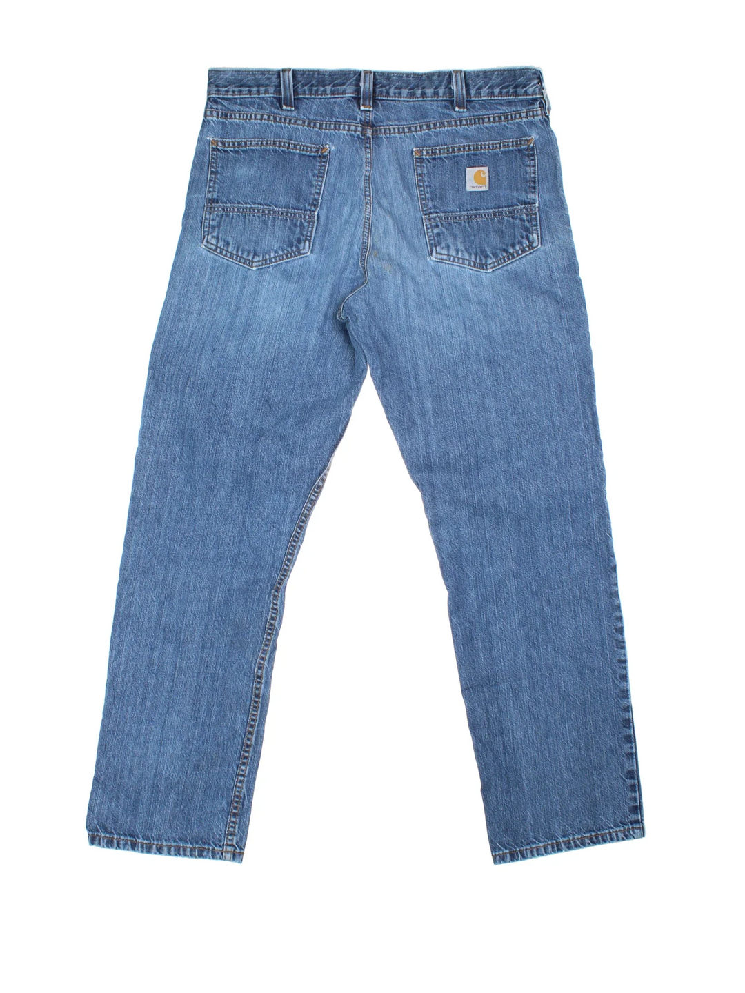 Carhartt Jeans in a blue colourway with multiple pockets and the logo embroidered on the back.