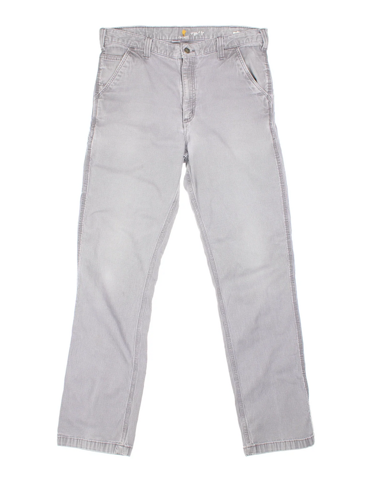 Carhartt Carpenter Jeans in a grey colourway with multiple pockets and the logo embroidered on the back.