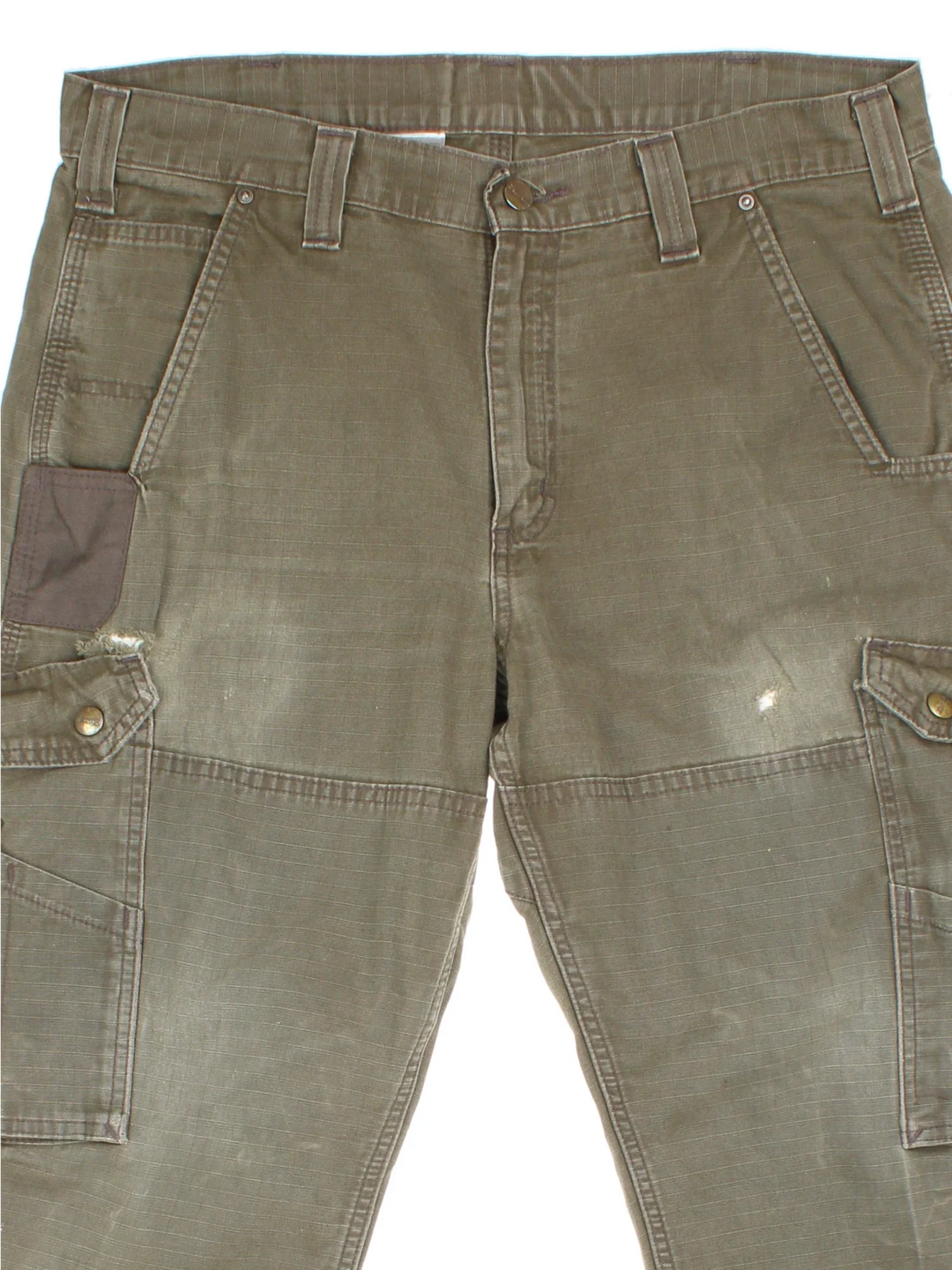 Carhartt Cargo Trousers in a green colourway with multiple pockets and the logo embroidered on the back.