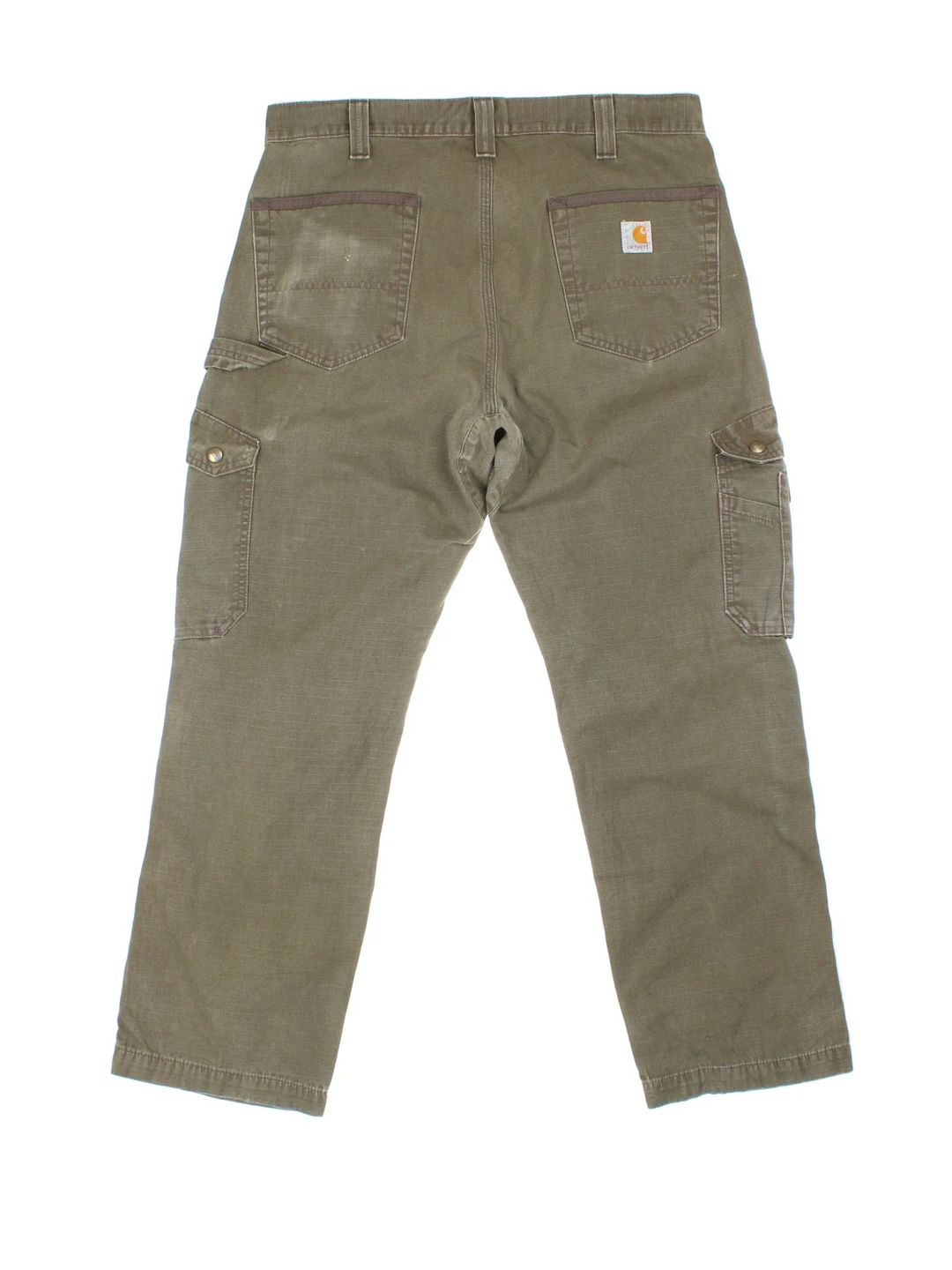 Carhartt Cargo Trousers in a green colourway with multiple pockets and the logo embroidered on the back.