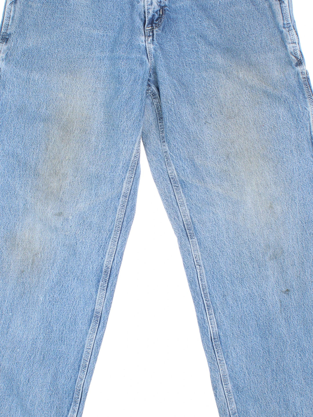 Carhartt Jeans in a blue colourway with multiple pockets and the logo embroidered on the back.