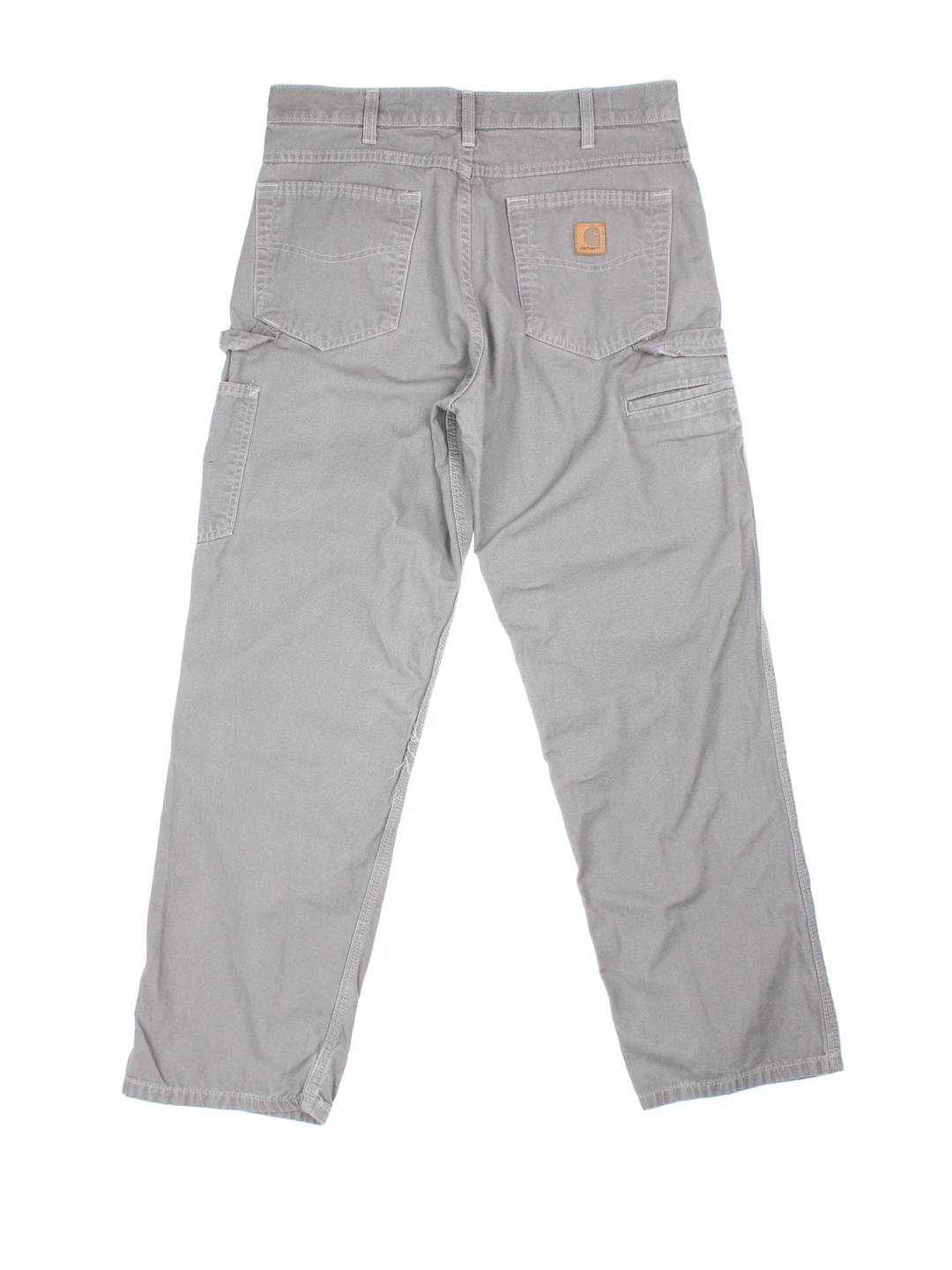Carhartt Carpenter Trousers in a grey colourway with multiple pockets and the logo embroidered on the back.