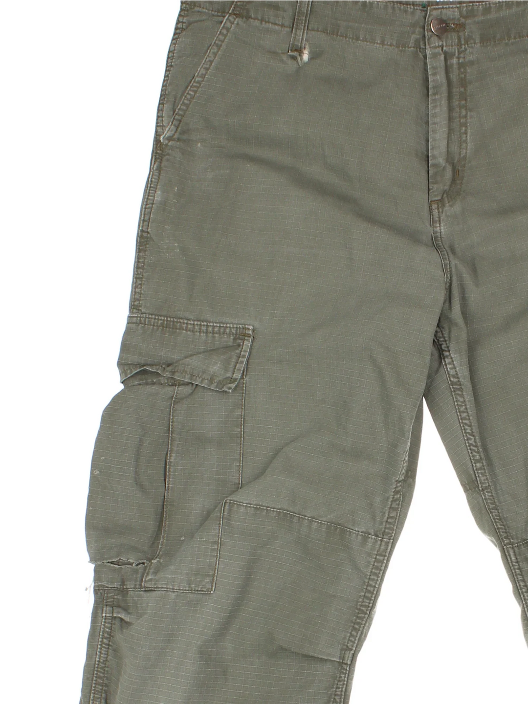 Carhartt Cargo Trousers in a green colourway with multiple pockets and the logo embroidered on the back.