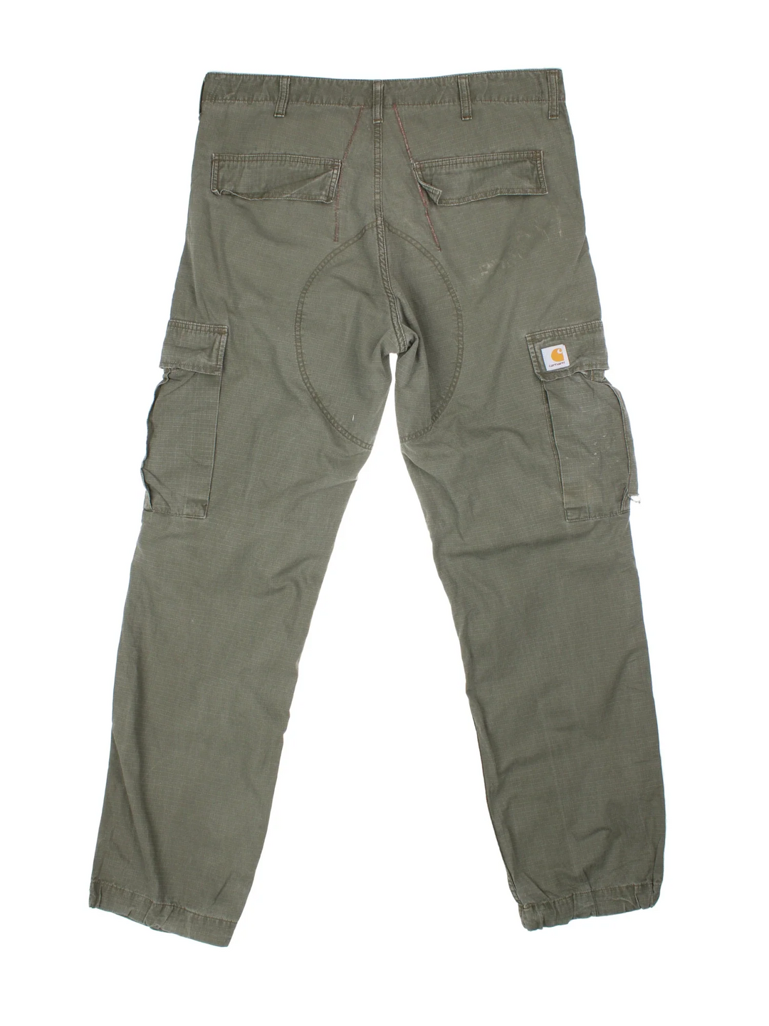 Carhartt Cargo Trousers in a green colourway with multiple pockets and the logo embroidered on the back.