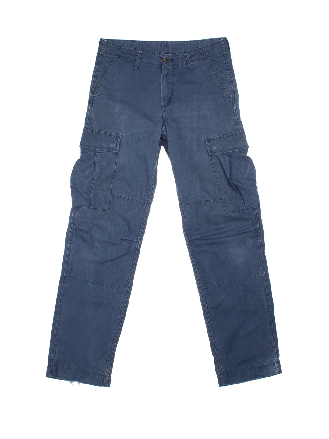 Carhartt Cargo Trousers in a blue colourway with multiple pockets and the logo embroidered on the back.