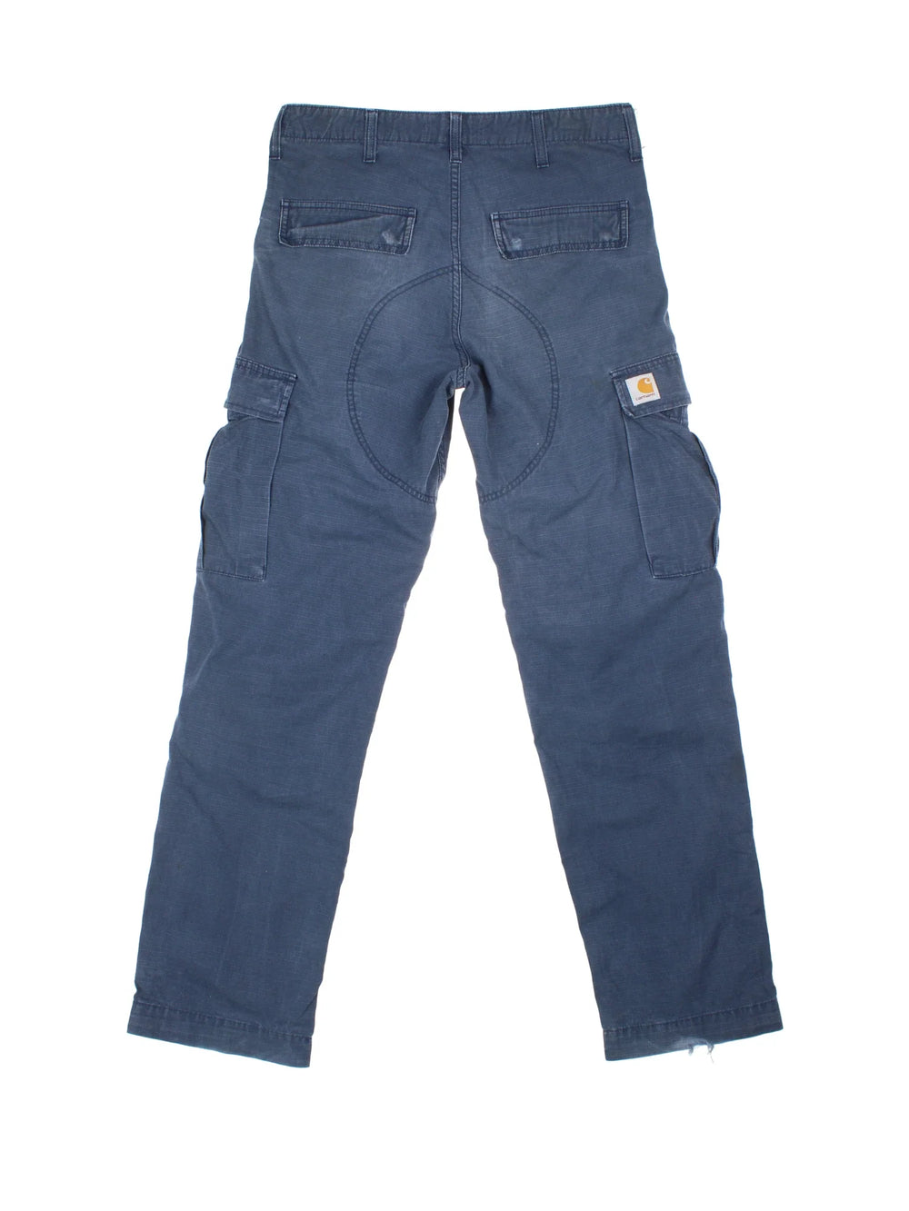 Carhartt Cargo Trousers in a blue colourway with multiple pockets and the logo embroidered on the back.