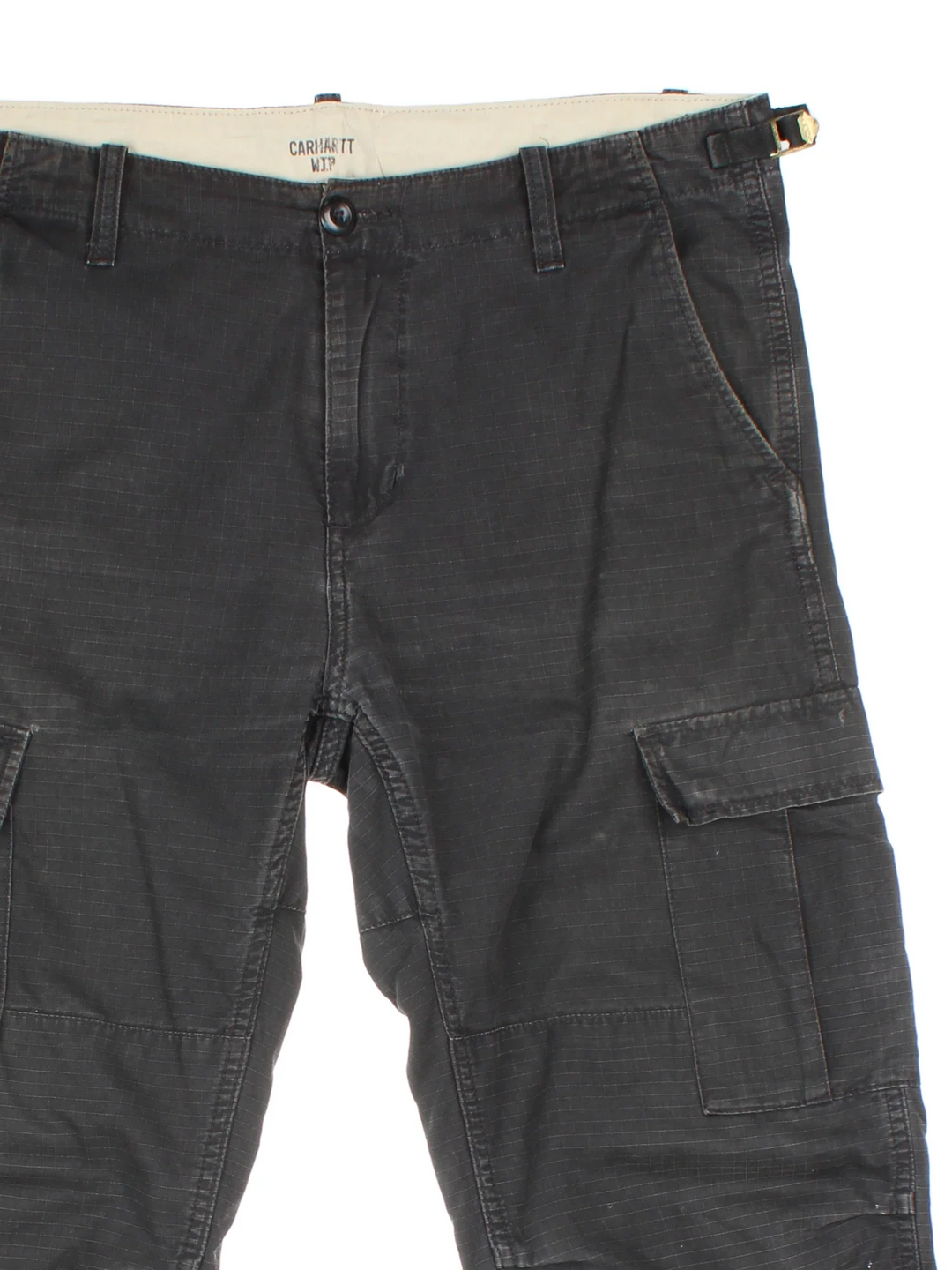 Carhartt Cargo Trousers in a black colourway with multiple pockets and the logo embroidered on the back.