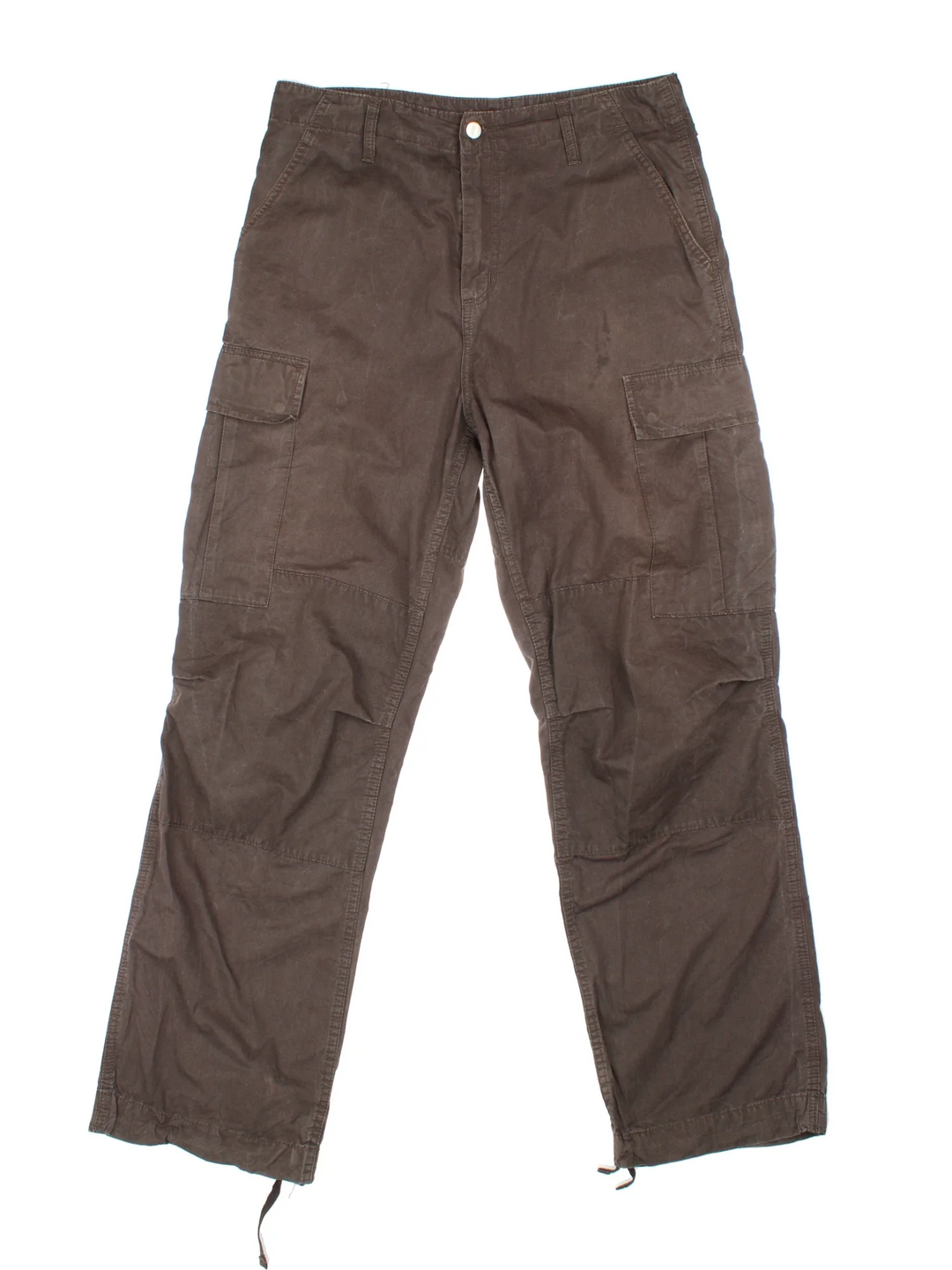 Carhartt Cargo Trousers in a brown colourway with multiple pockets and the logo embroidered on the back.