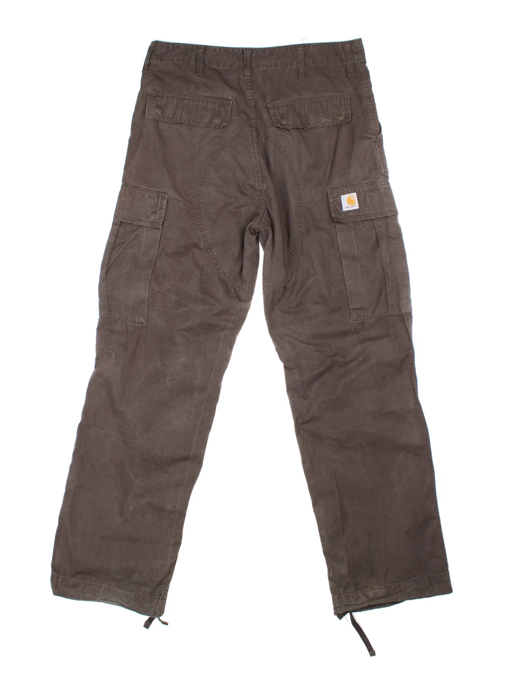 Carhartt Cargo Trousers in a brown colourway with multiple pockets and the logo embroidered on the back.