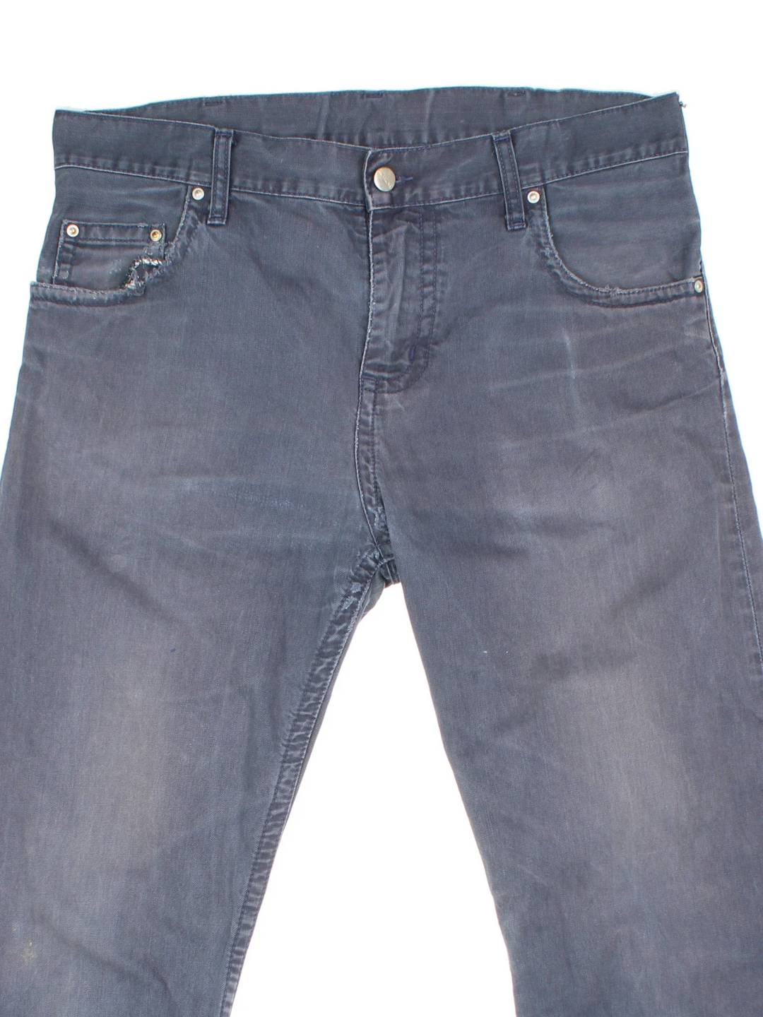 Carhartt Jeans in a blue colourway with multiple pockets and the logo embroidered on the back.