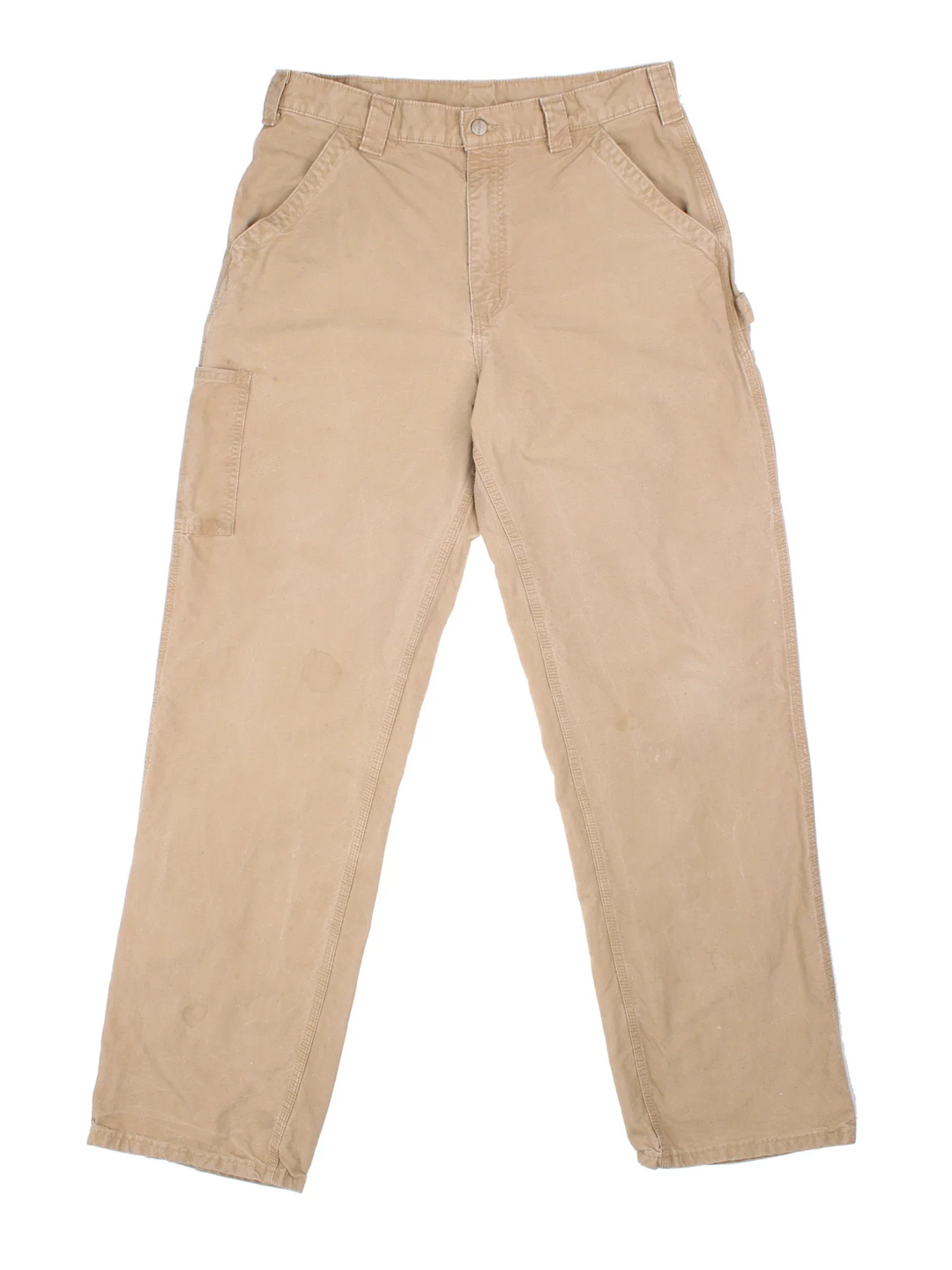Carhartt Carpenter Trousers in a tan colourway with multiple pockets and the logo embroidered on the back.