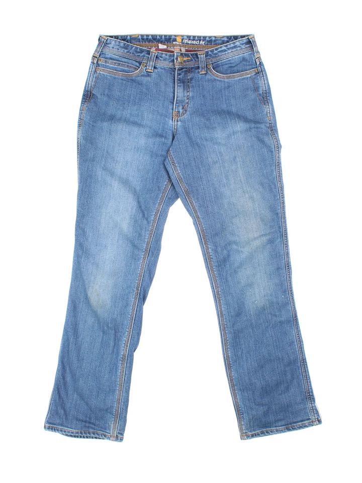 Carhartt Lined Jeans in a blue colourway, with multiple pockets, checked lining and the logo embroidered on the back.