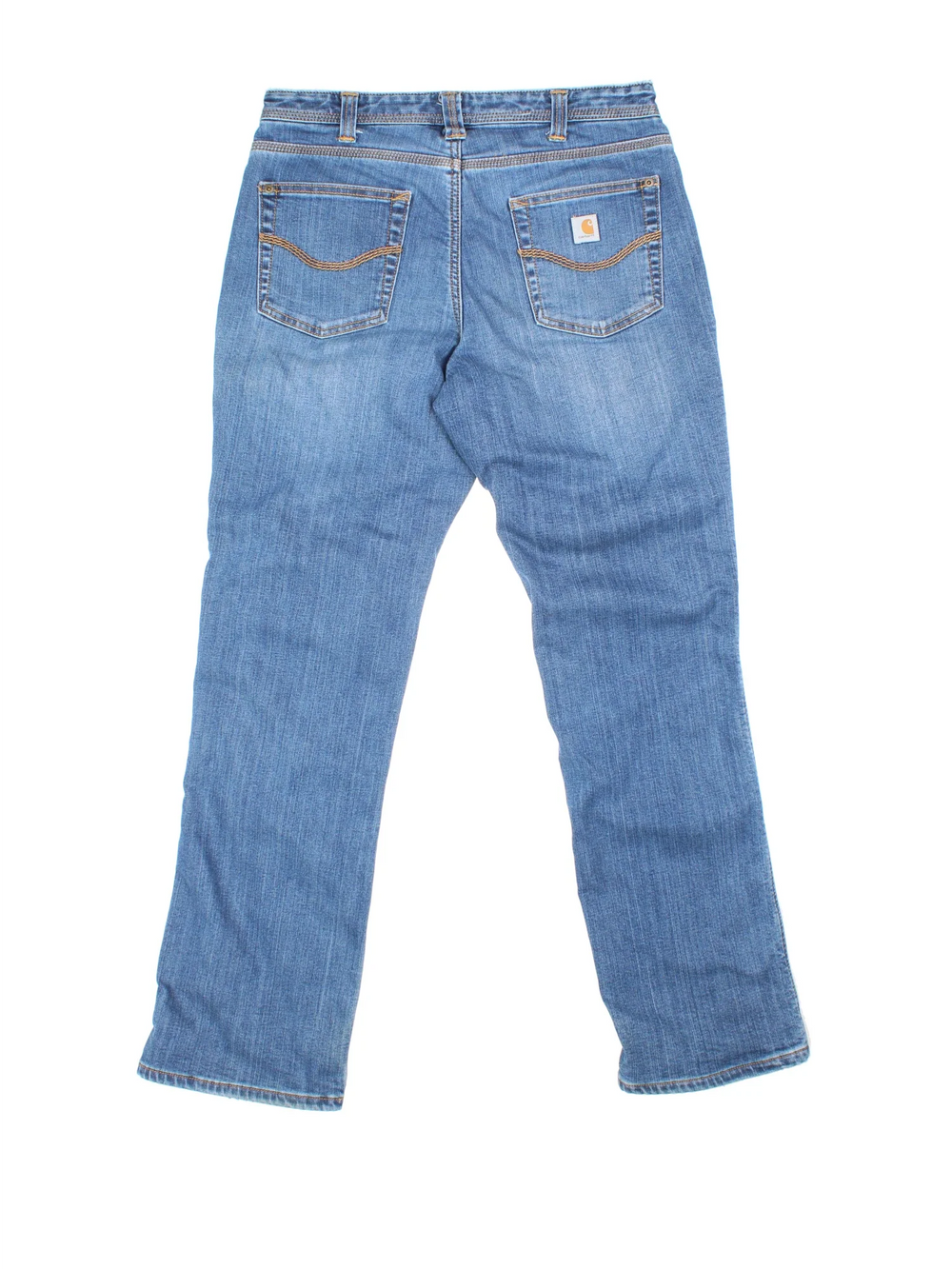 Carhartt Lined Jeans in a blue colourway, with multiple pockets, checked lining and the logo embroidered on the back.