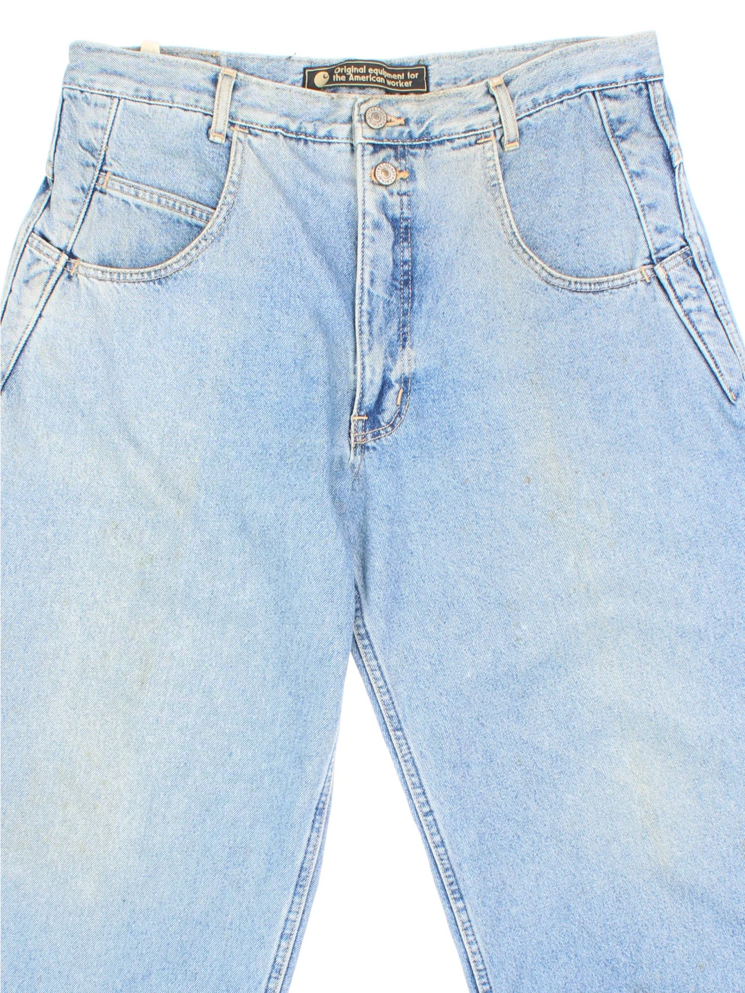 Carhartt Jeans in a blue colourway with multiple pockets and the logo embroidered on the back.