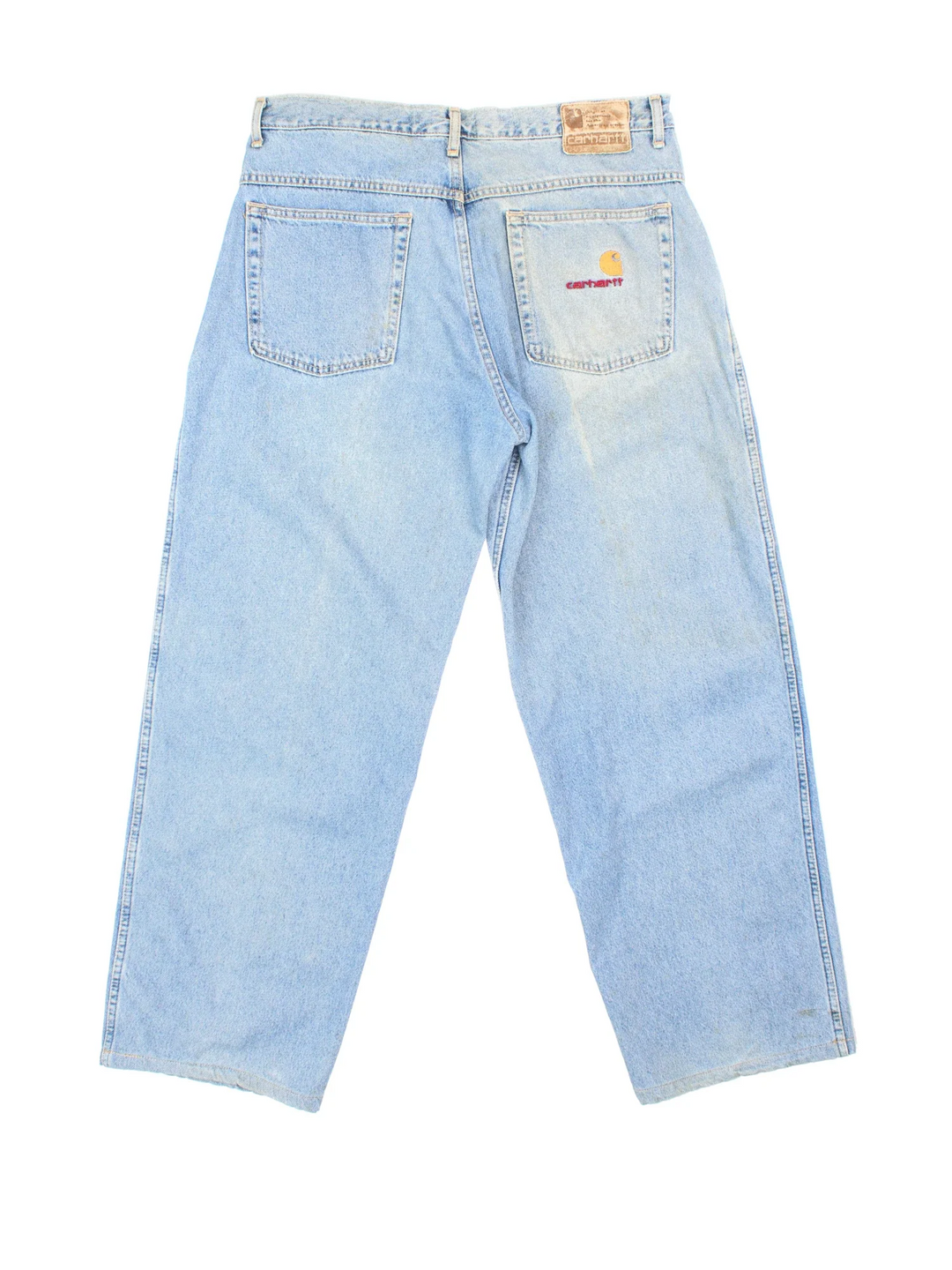 Carhartt Jeans in a blue colourway with multiple pockets and the logo embroidered on the back.