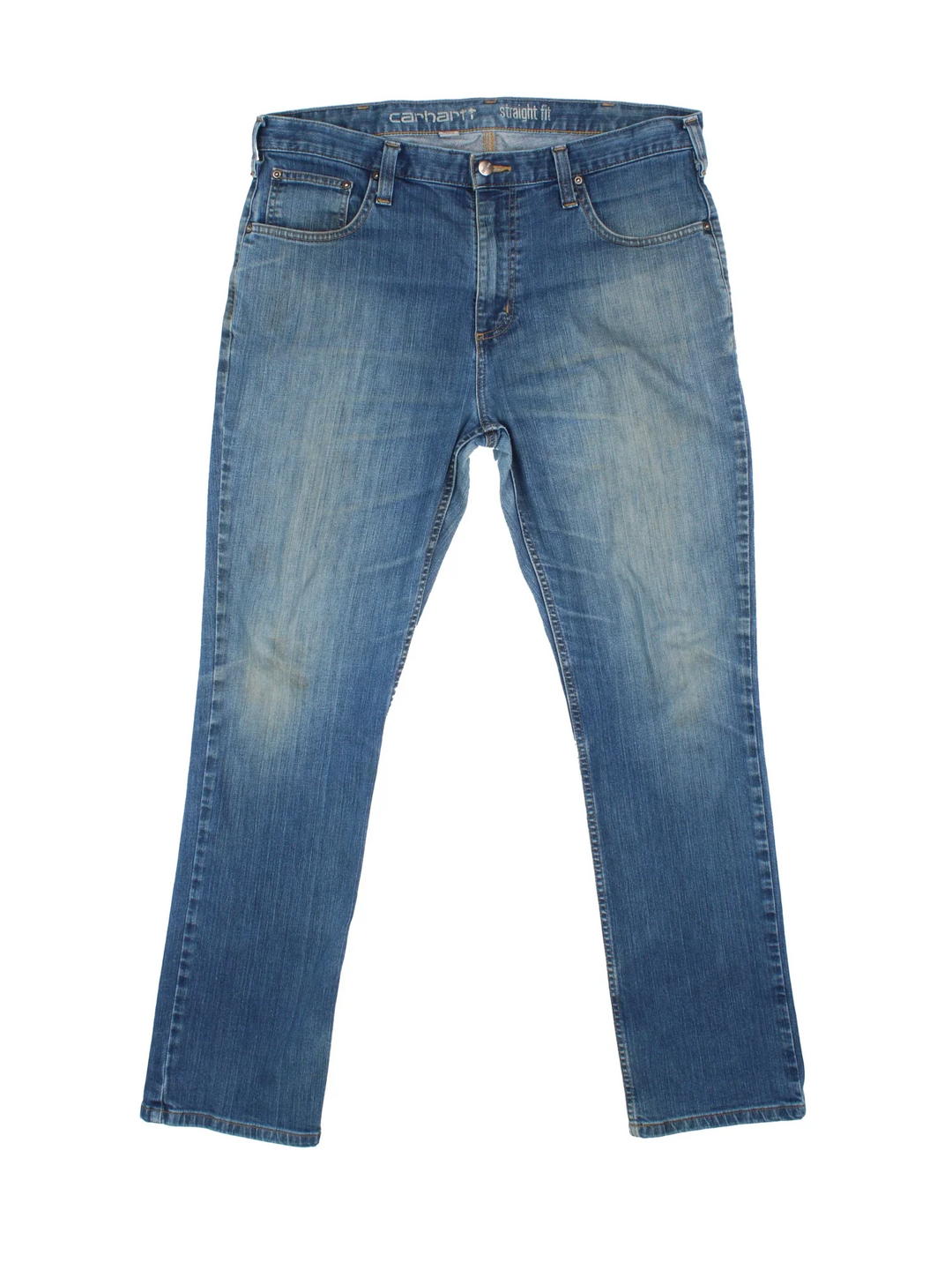 Carhartt Jeans in a blue colourway with multiple pockets and the logo embroidered on the back.