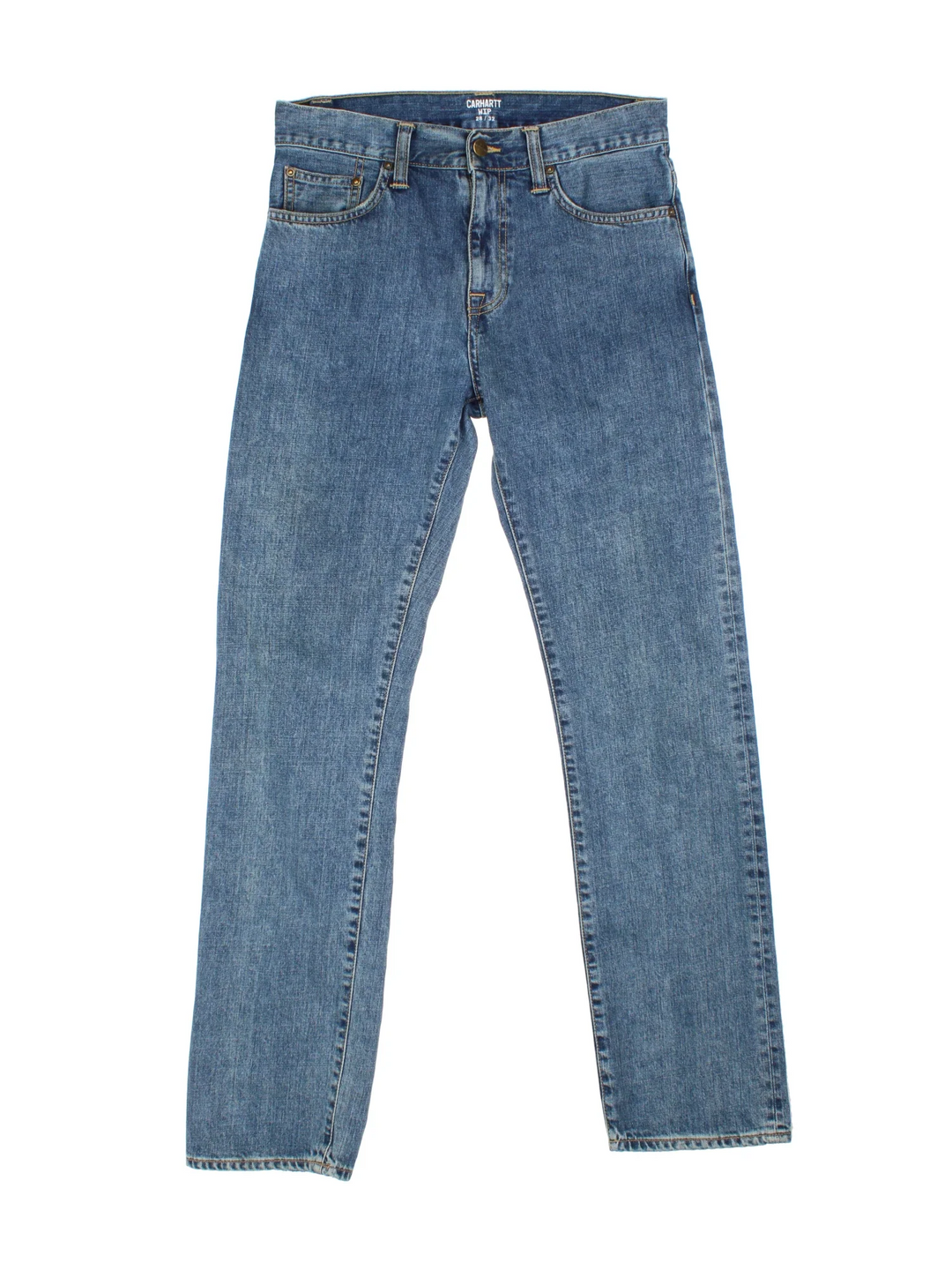 Carhartt Jeans in a blue colourway with multiple pockets and the logo embroidered on the back.