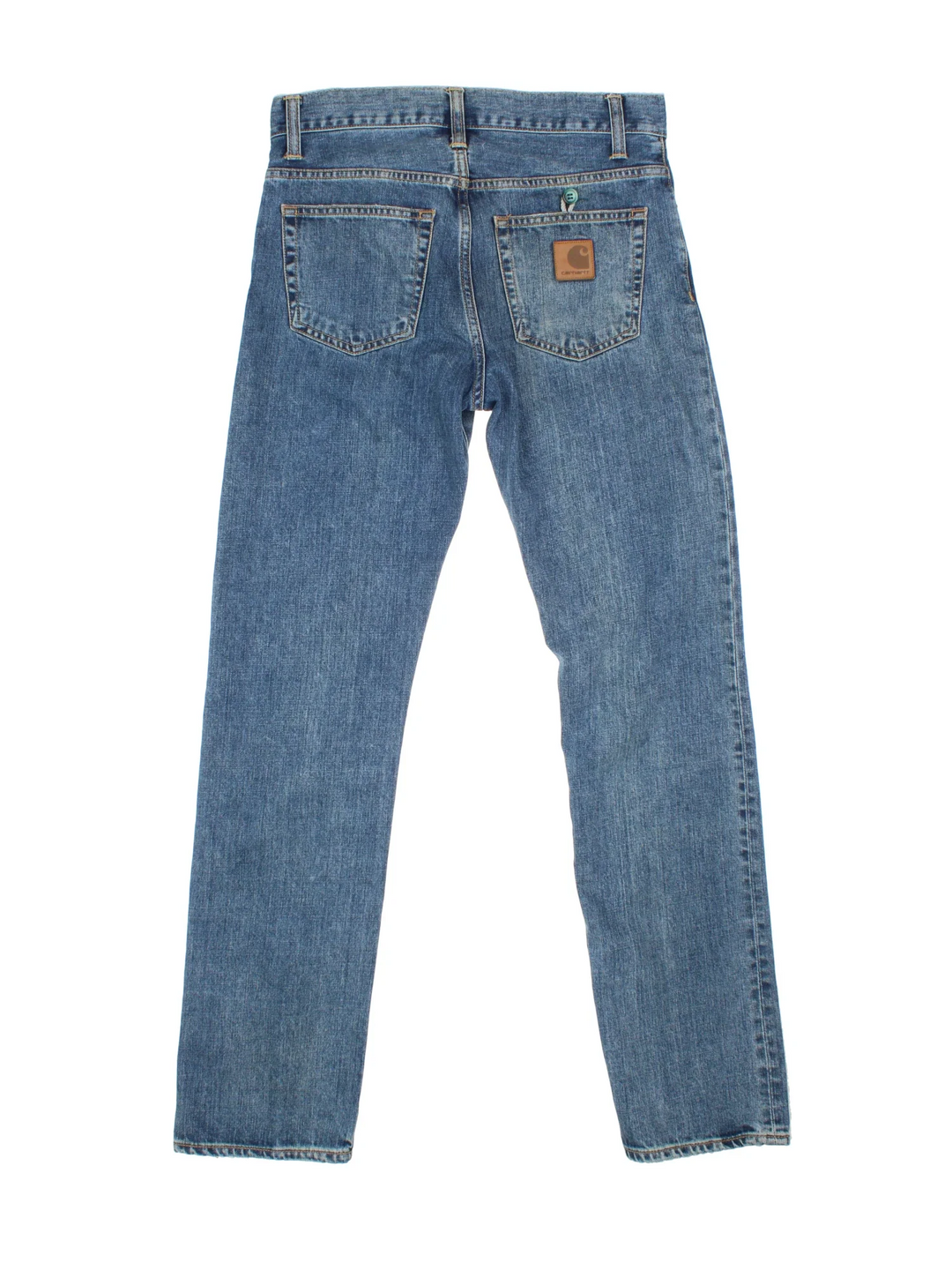 Carhartt Jeans in a blue colourway with multiple pockets and the logo embroidered on the back.