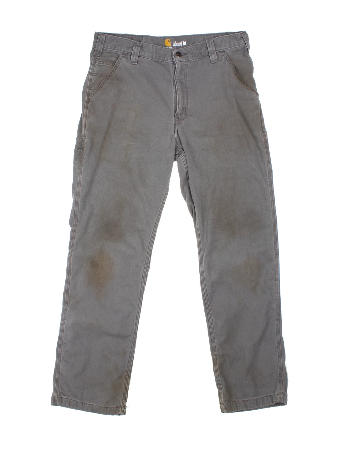 Carhartt Carpenter Trousers in a grey colourway with multiple pockets and the logo embroidered on the back.