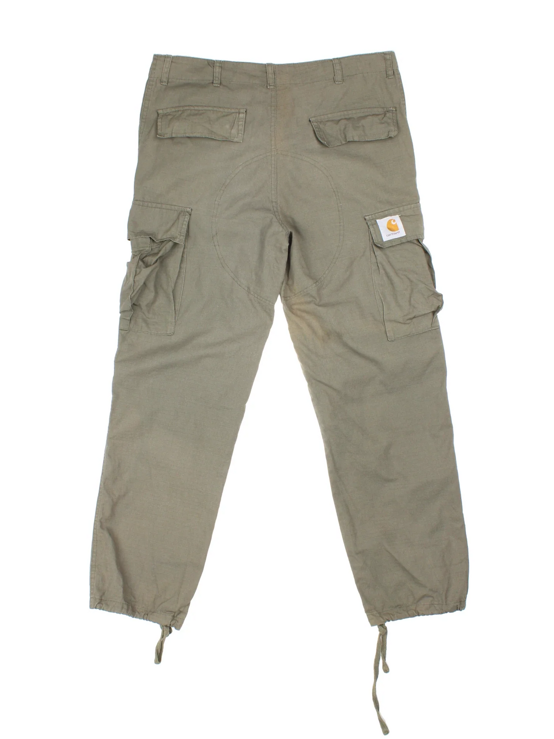 Carhartt Cargo Trousers in a green colourway with multiple pockets and the logo embroidered on the back.