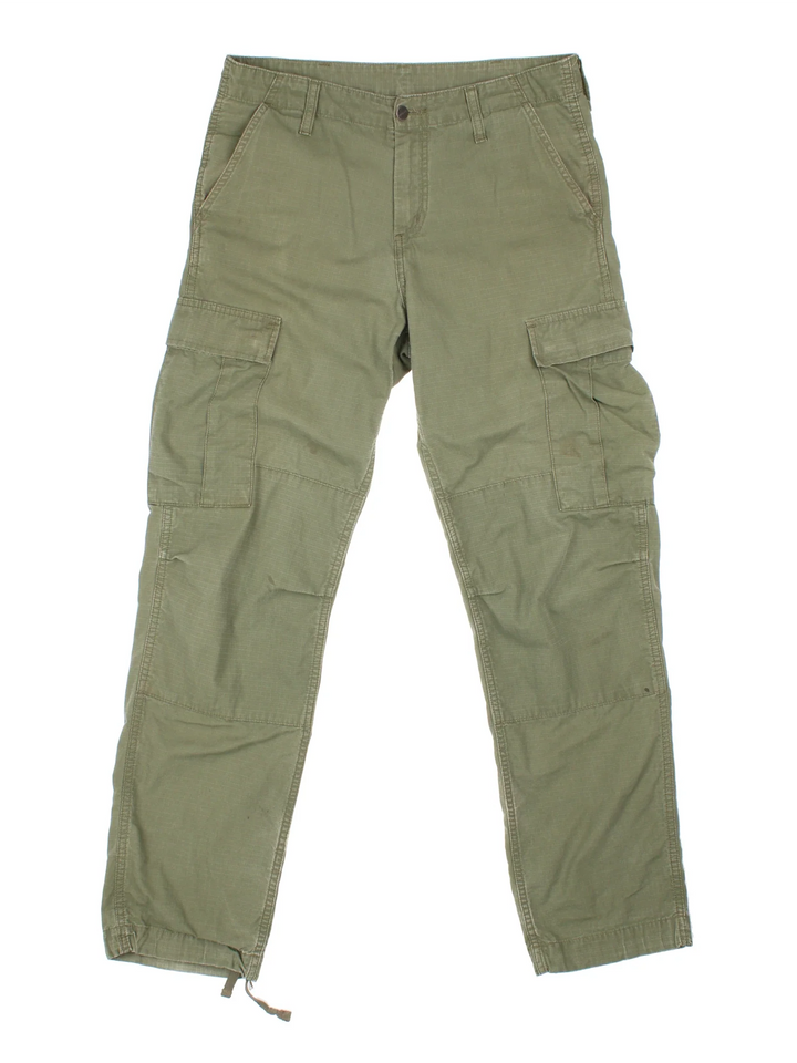 Carhartt Cargo Trouser in a green colourway with multiple pockets and the logo embroidered on the back.